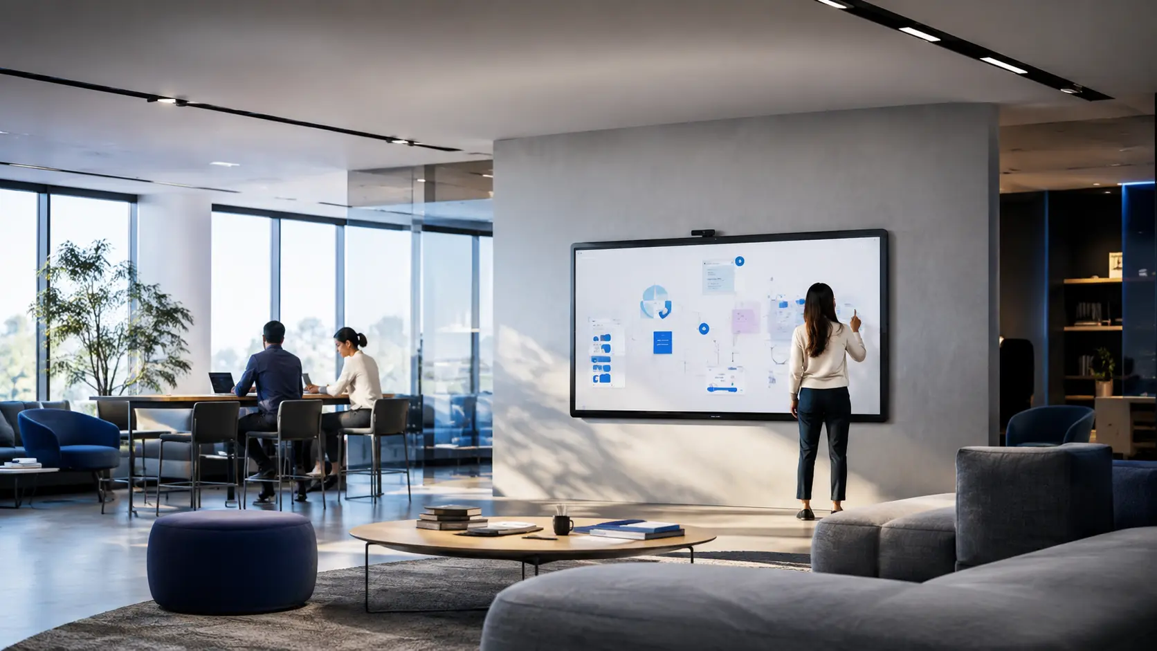 Facilitator working on a large interactive display in an open collaboration area