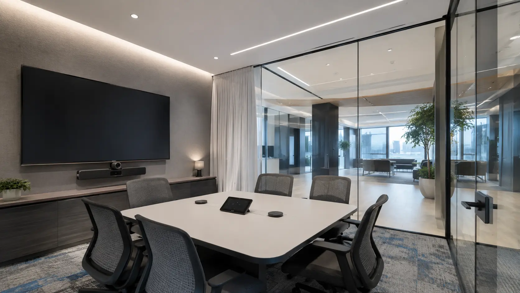 Small meeting room with large display, camera bar and table controller