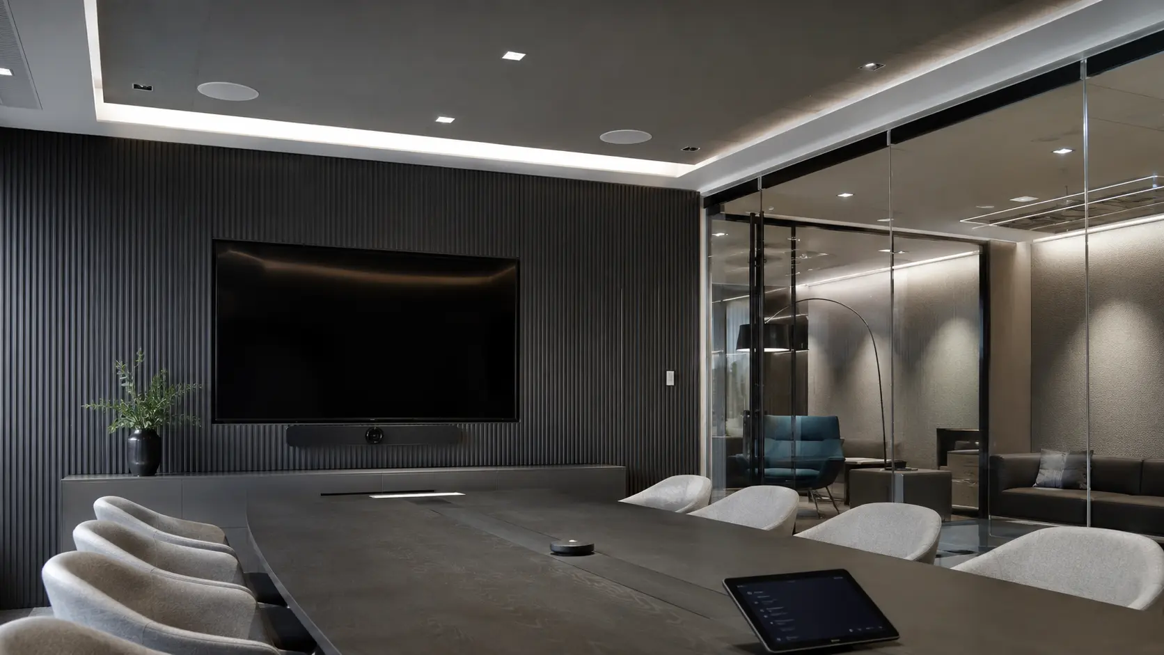 Acoustically treated briefing room with professional audio