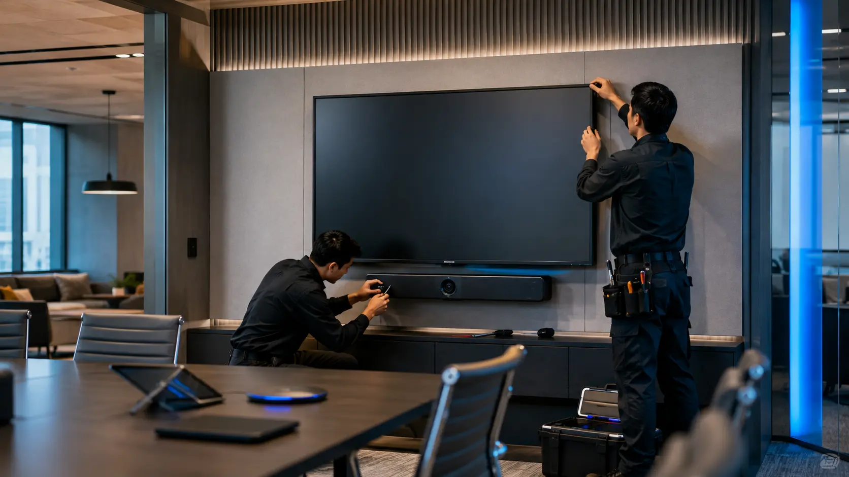 Technicians commissioning display and camera systems
