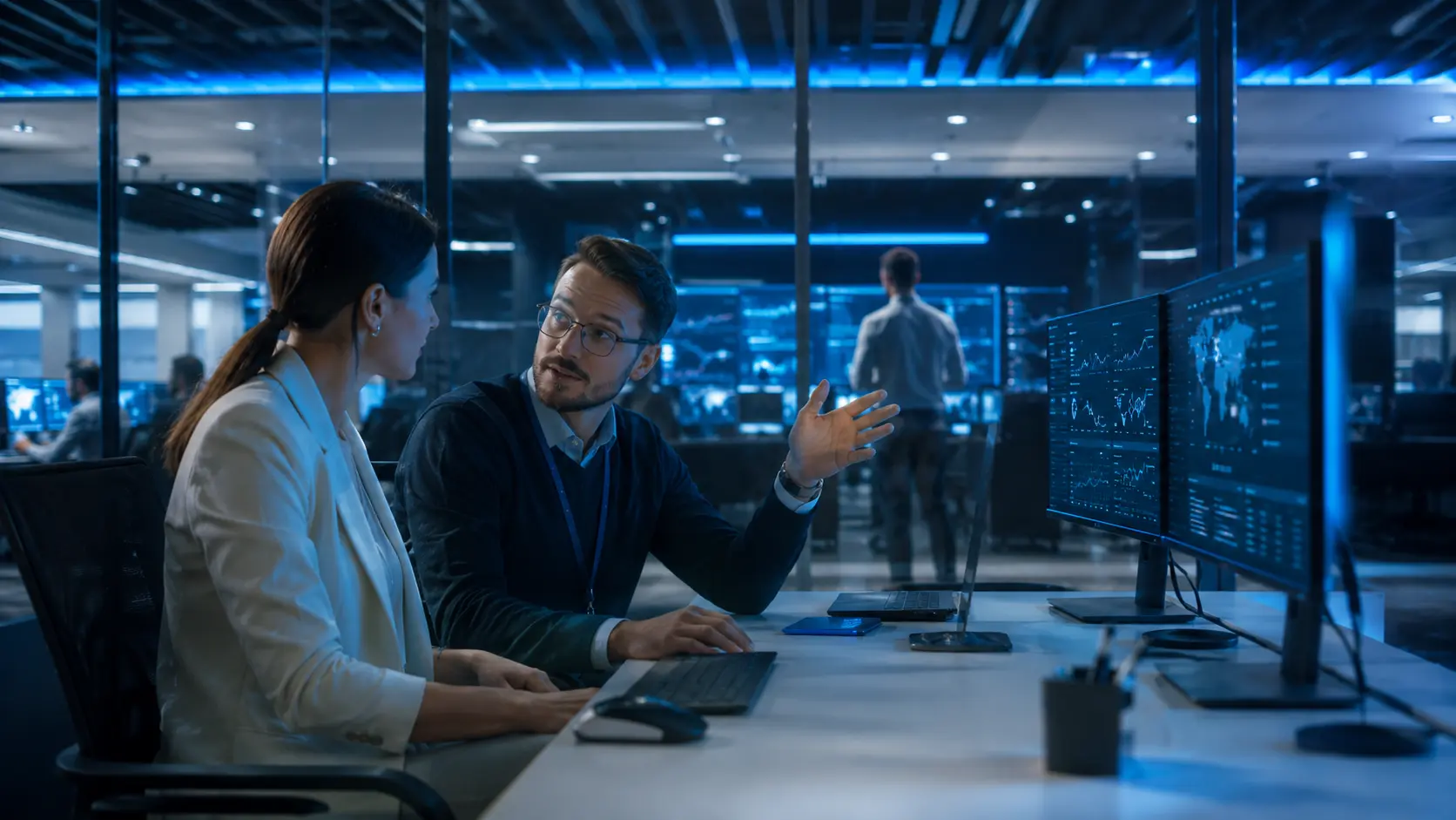 Two colleagues discussing on-screen dashboards in a modern operations centre