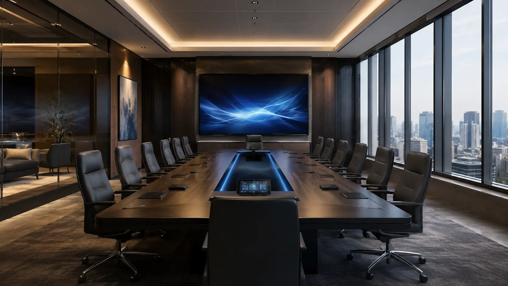 Executive boardroom with large display, integrated table connectivity and control panel