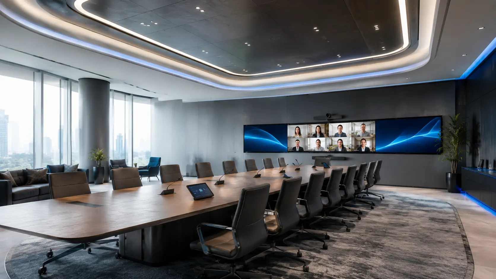 Large conference room with dual displays sized for the seating depth